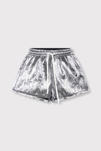 Ladies woven silver crinkle shorts