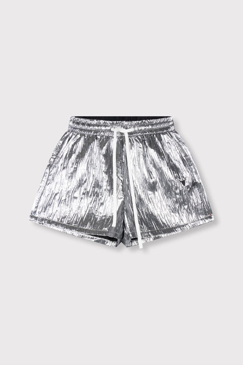 Ladies woven silver crinkle shorts