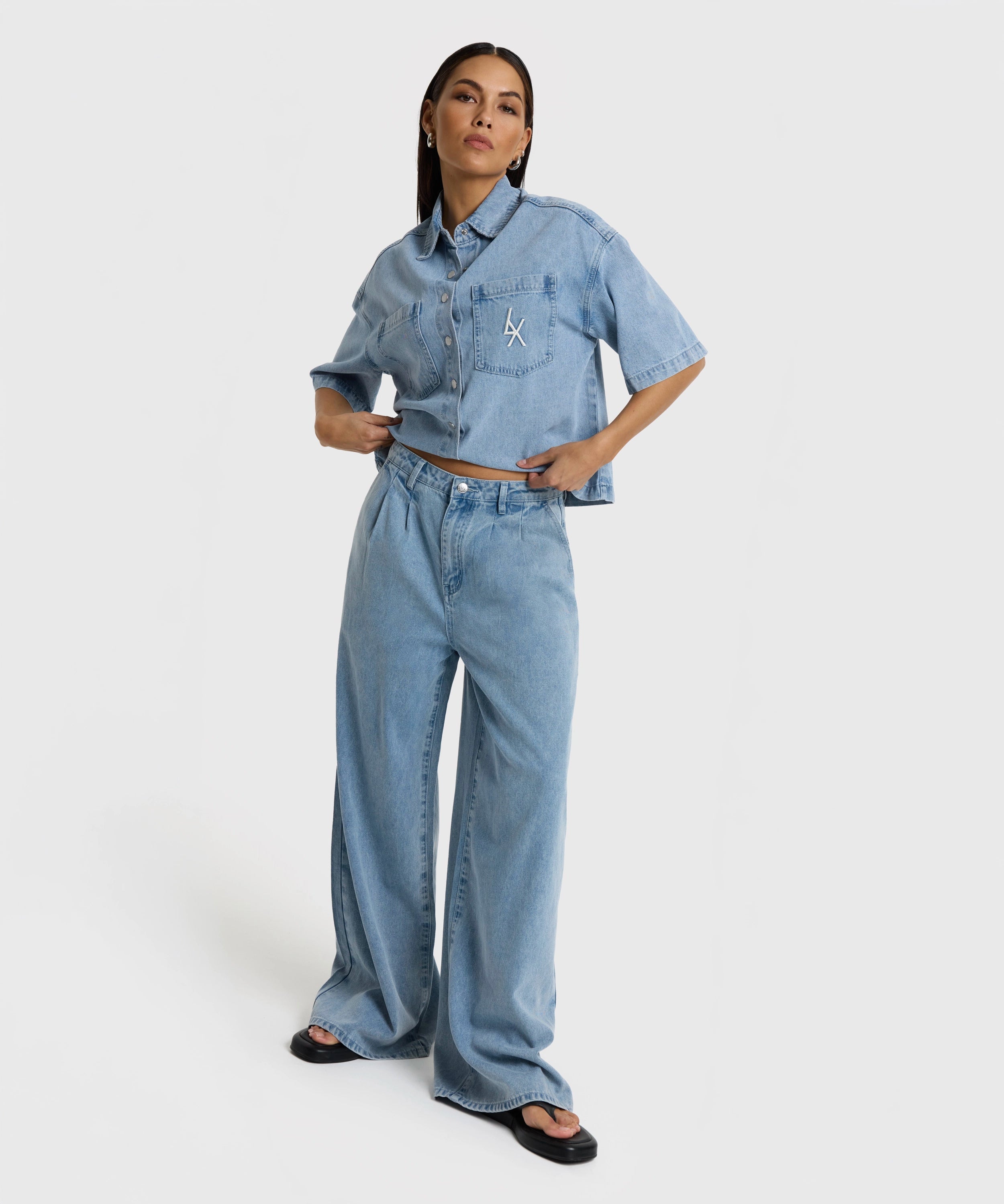 Ladies woven denim wide pants