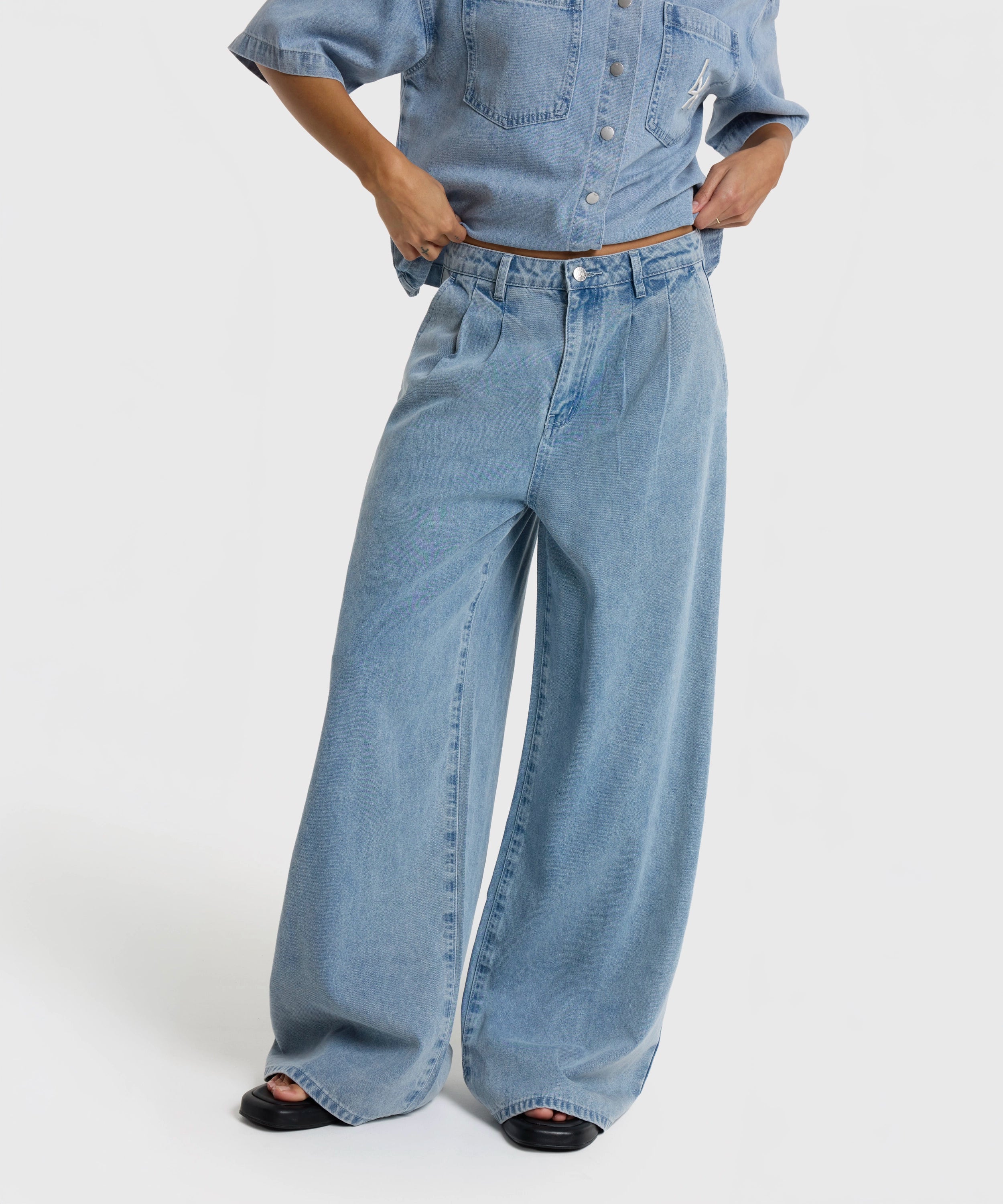 Ladies woven denim wide pants