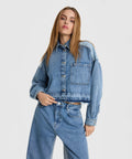Ladies Woven Mix Denim Blouse -  - Bobbie Rose